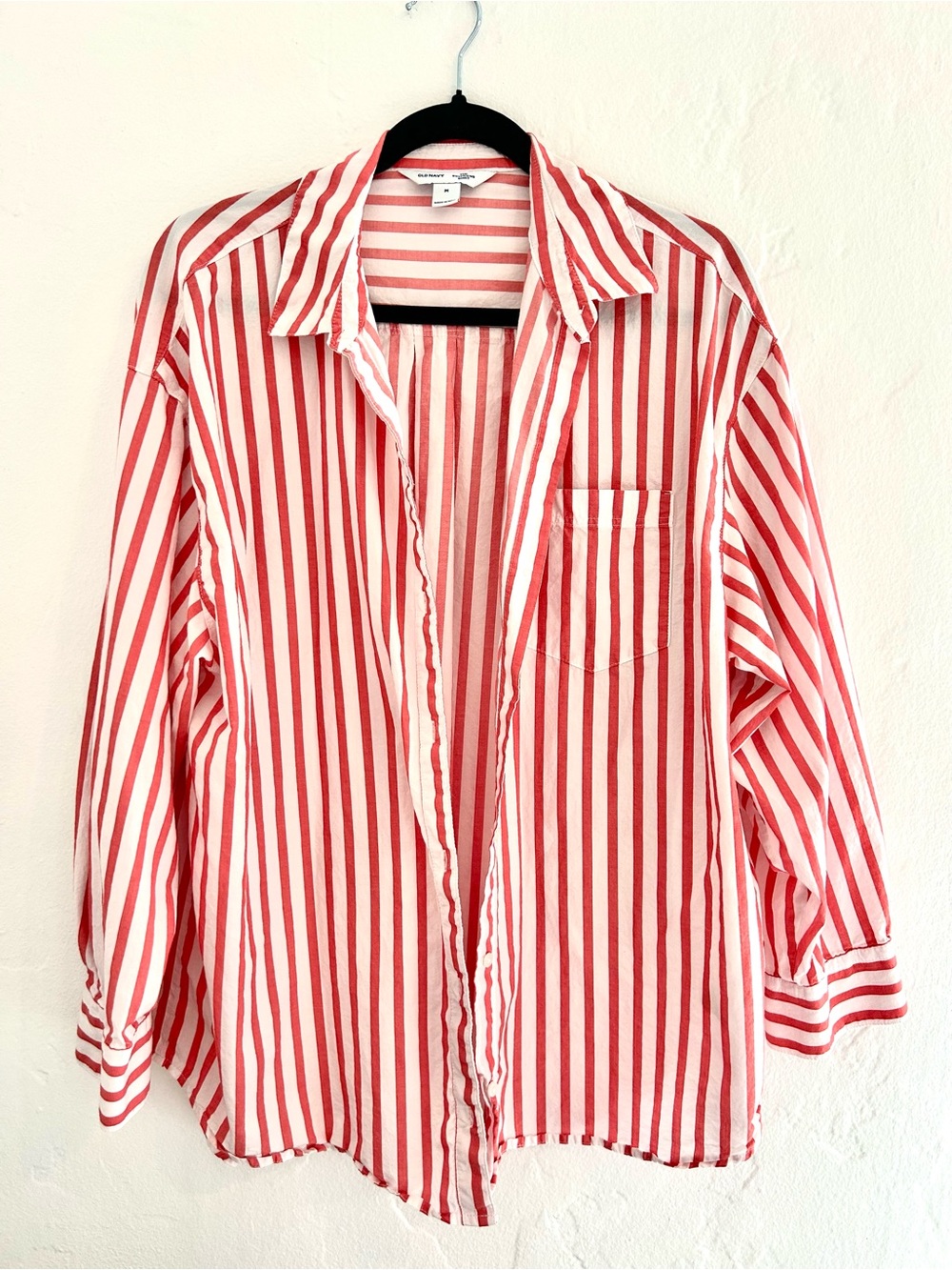 Old Navy Red and White Striped Men's Button-Down Shirt